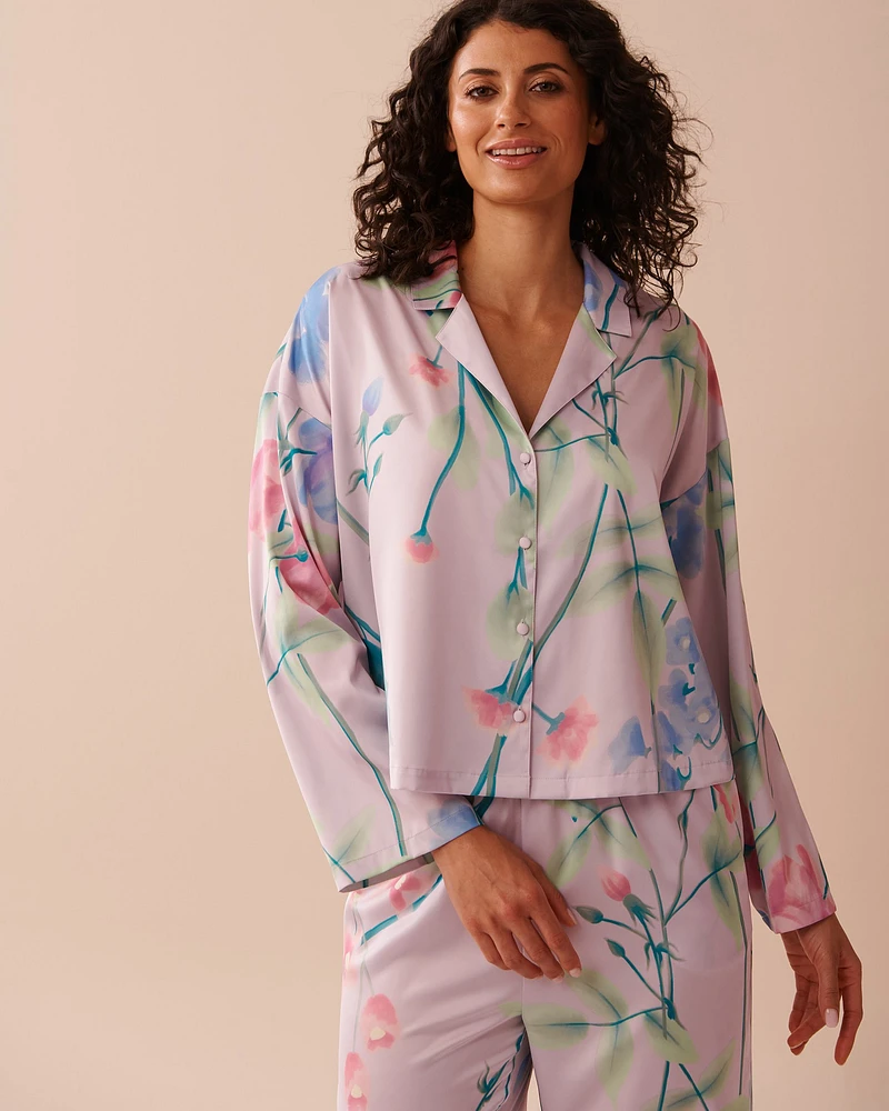 Lavender Garden Print Satin Button-down Shirt