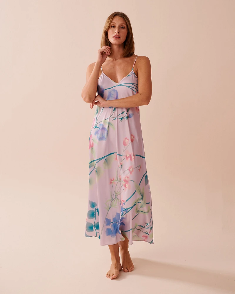 Lavender Garden Print Long Satin Nightie