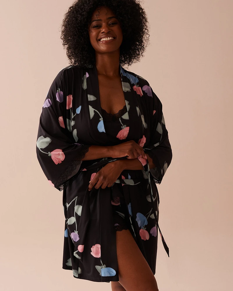 Recycled Fibers Tulip Print Lace Trim Kimono