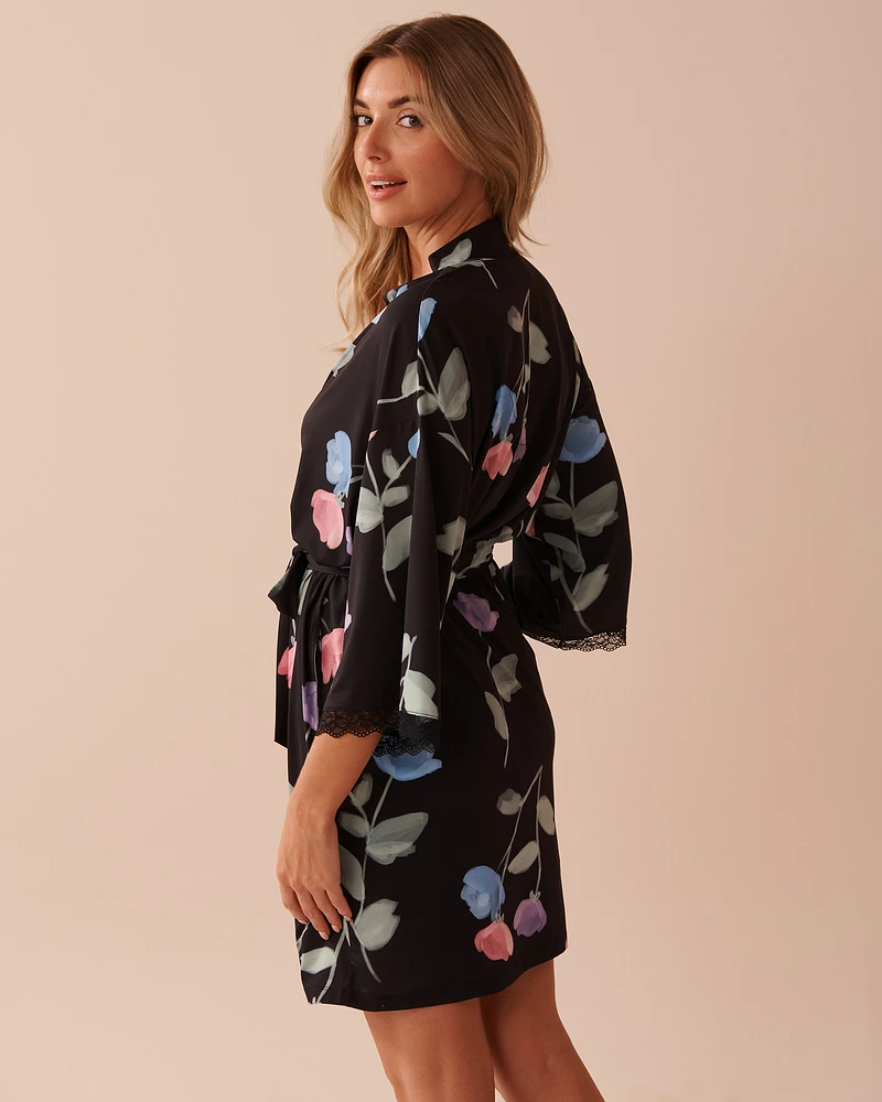 Recycled Fibers Tulip Print Lace Trim Kimono