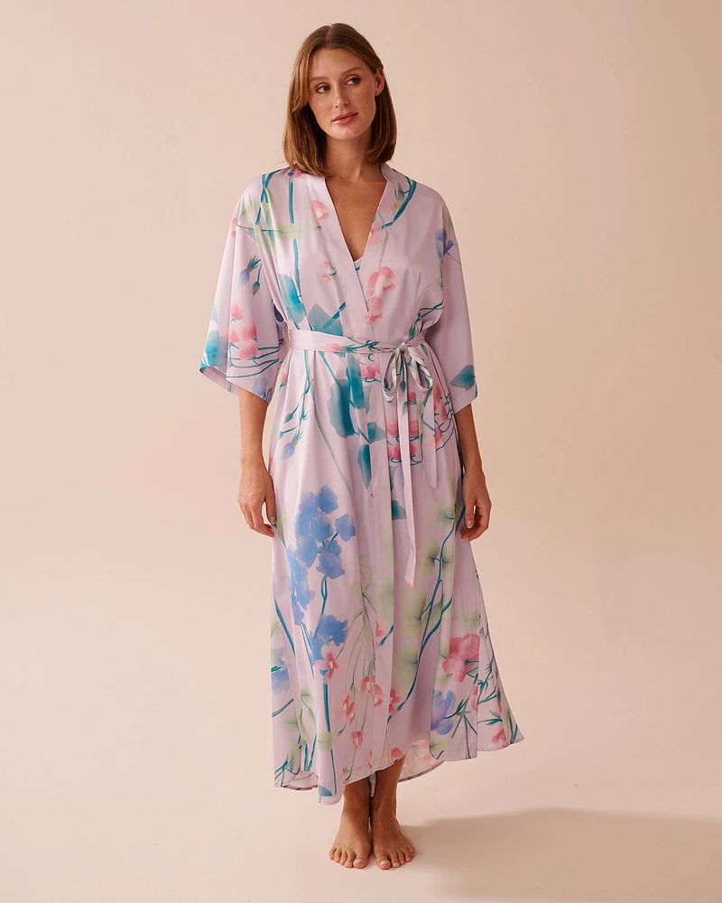 Lavender Garden Print Long Satin Kimono