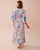 Lavender Garden Print Long Satin Kimono