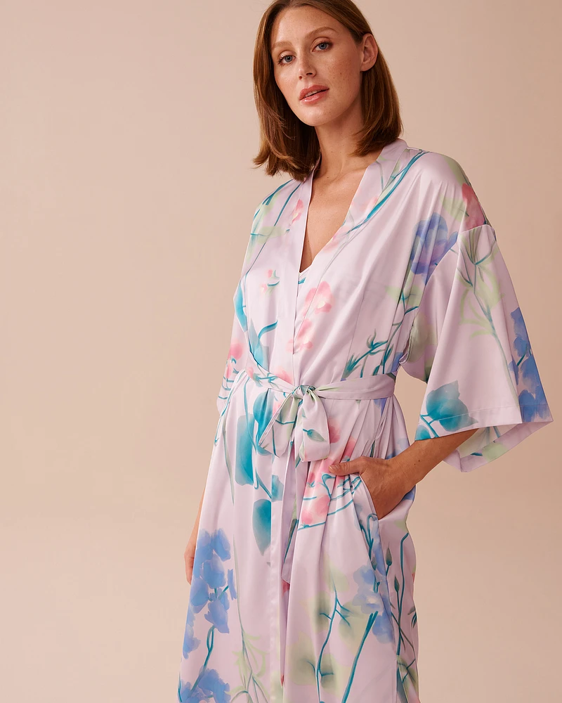 Lavender Garden Print Long Satin Kimono