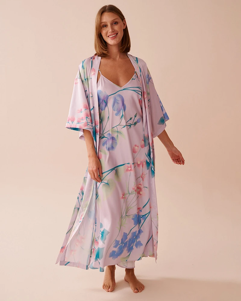 Lavender Garden Print Long Satin Kimono