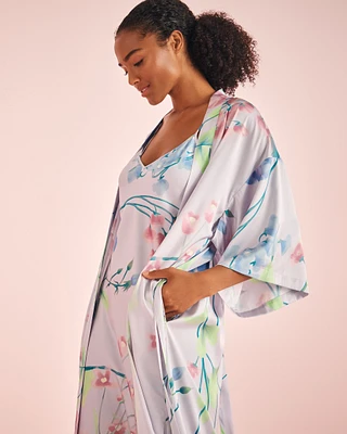 Lavender Garden Print Long Satin Kimono