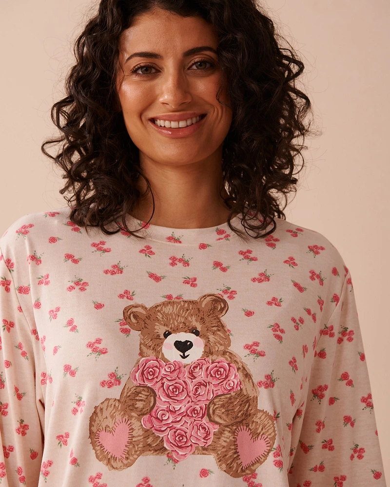 Teddy Bear and Rose Print Super Soft Long Sleeve Shirt