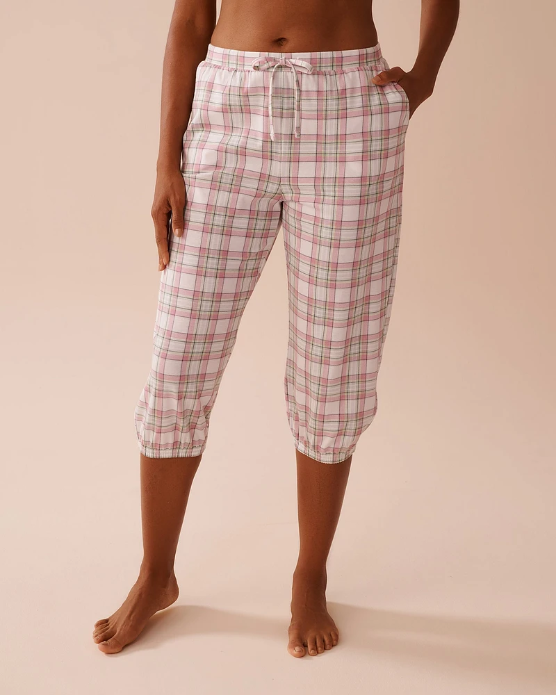 Multicolour Plaid Cotton Fitted Capris