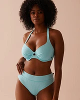 CYAN BLUE Textured Mid Waist Brazilian Bikini Bottom