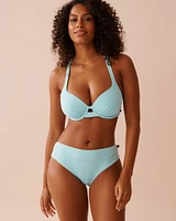 CYAN BLUE Textured Mid Waist Brazilian Bikini Bottom