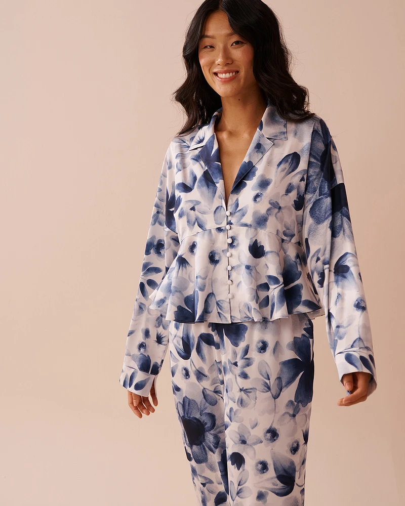 Blue Floral Print Satin Flared Button-down Shirt