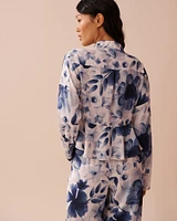 Blue Floral Print Satin Flared Button-down Shirt