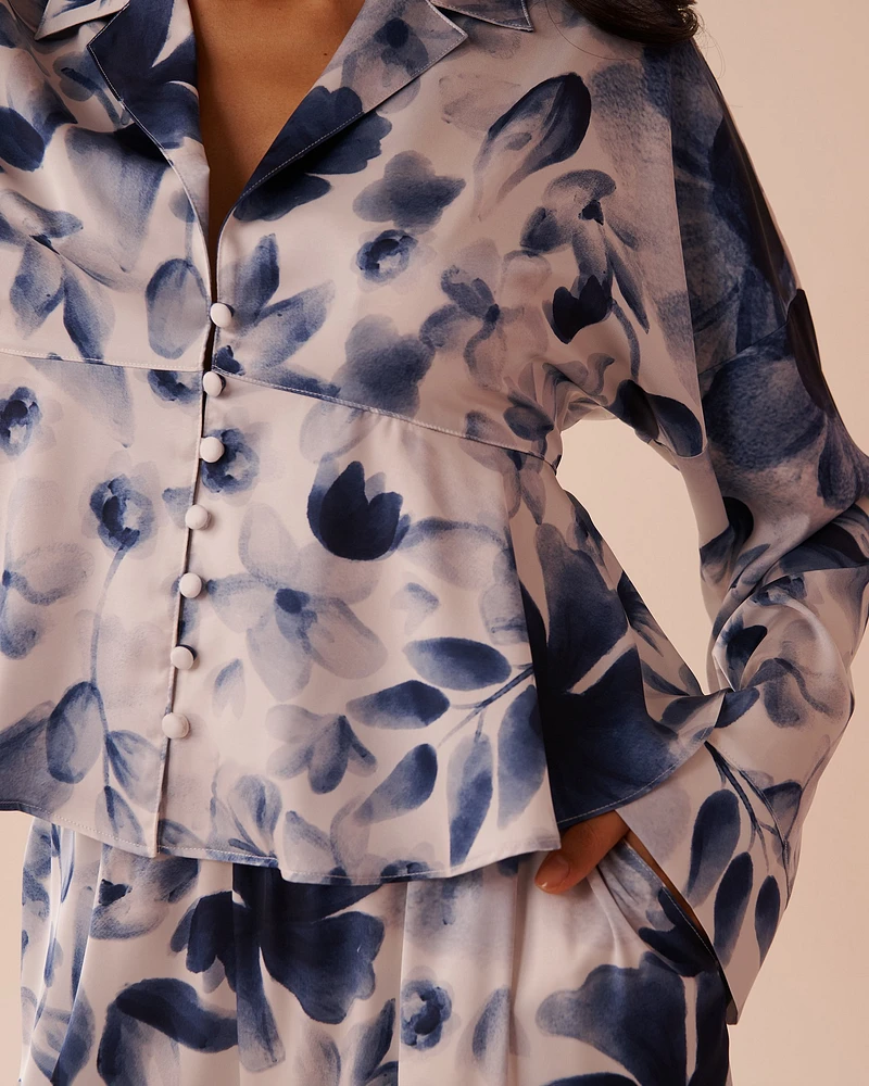 Blue Floral Print Satin Flared Button-down Shirt