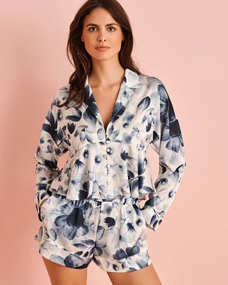 Blue Floral Print Satin Flared Button-down Shirt