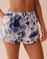 Blue Floral Print Frill Detail Satin Shorts