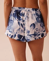 Blue Floral Print Frill Detail Satin Shorts