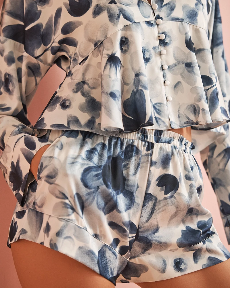 Short en satin à volants imprimé floral bleu