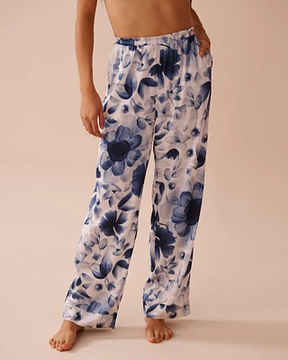 Blue Floral Print Frill Detail Satin Pants