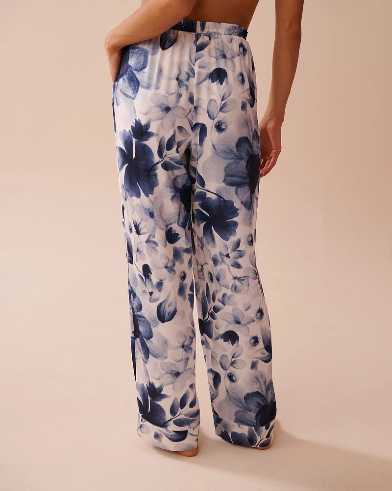 Blue Floral Print Frill Detail Satin Pants