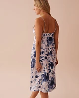 Blue Floral Print Frill Detail Satin Nightie