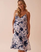 Blue Floral Print Frill Detail Satin Nightie