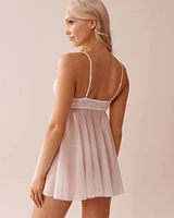 Open Front Embroidered Mesh Babydoll with Satin Bow