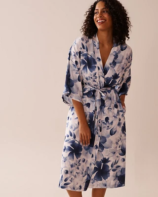 Blue Floral Print Frill Detail Satin Kimono