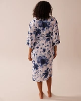 Blue Floral Print Frill Detail Satin Kimono