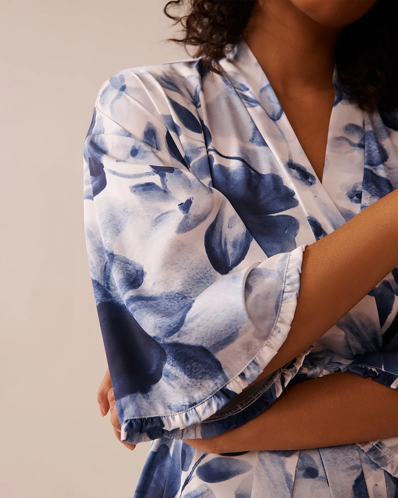 Blue Floral Print Frill Detail Satin Kimono