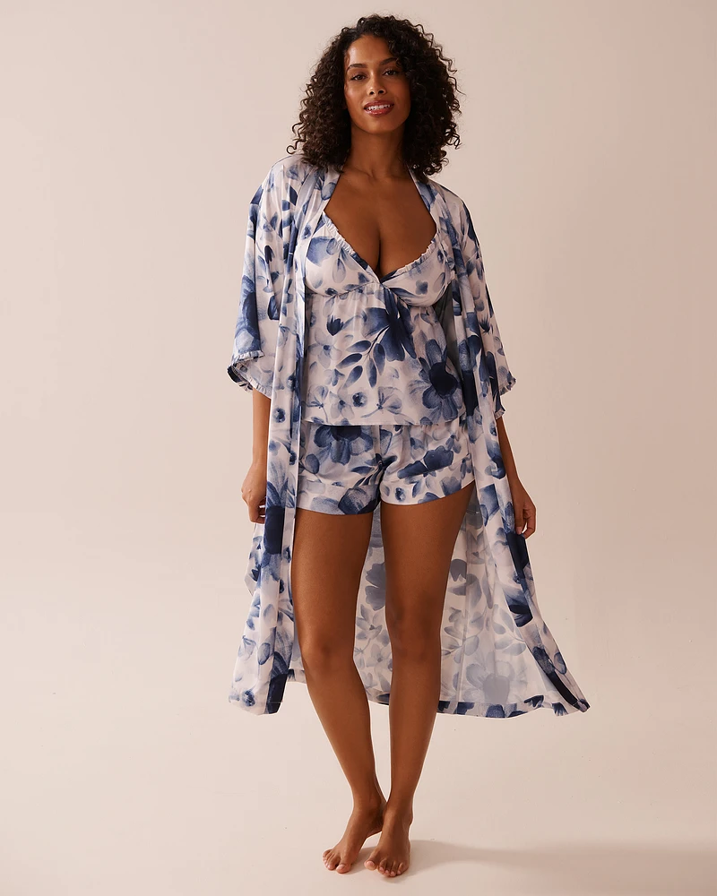 Blue Floral Print Frill Detail Satin Kimono