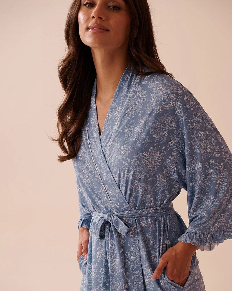White Floral Print Recycled Fibers Ruffled Kimono