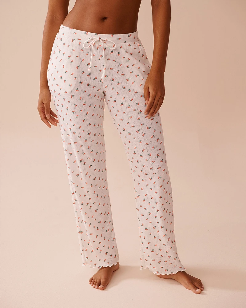 Pantalon de pyjama maille pointelle et bordure frisons imprimé fraise