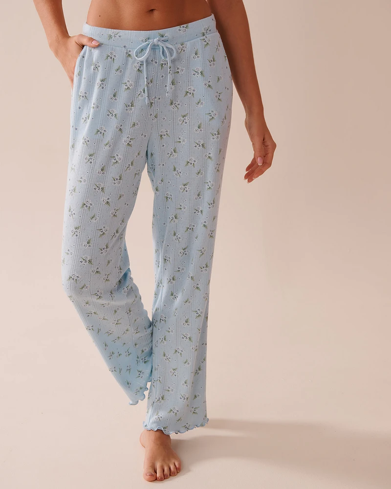 Pantalon de pyjama maille pointelle et bordure frisons imprimé fleuri