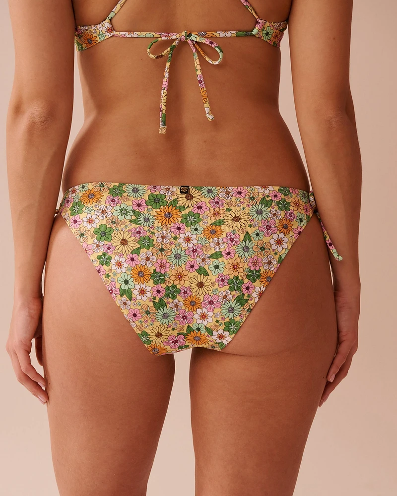 FLOWER POWER Ribbed Side Tie Brazilian Bikini Bottom