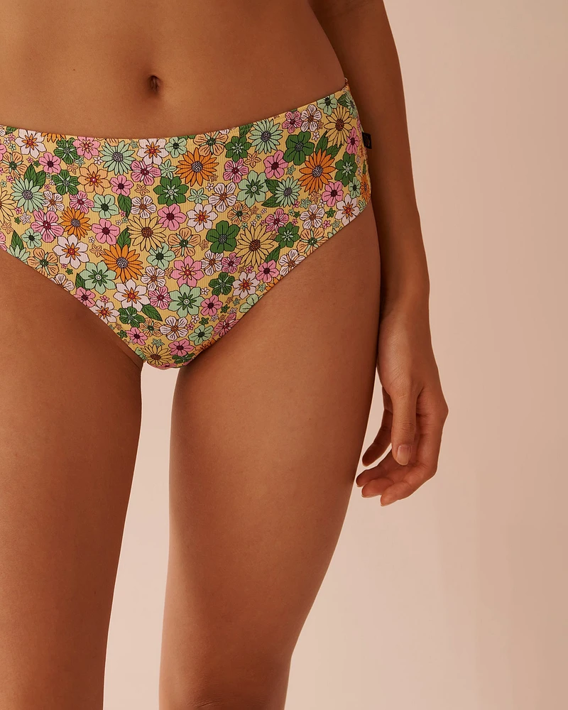 FLOWER POWER Ribbed Mid Waist Cheeky Bikini Bottom