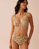 FLOWER POWER Ribbed Mid Waist Cheeky Bikini Bottom