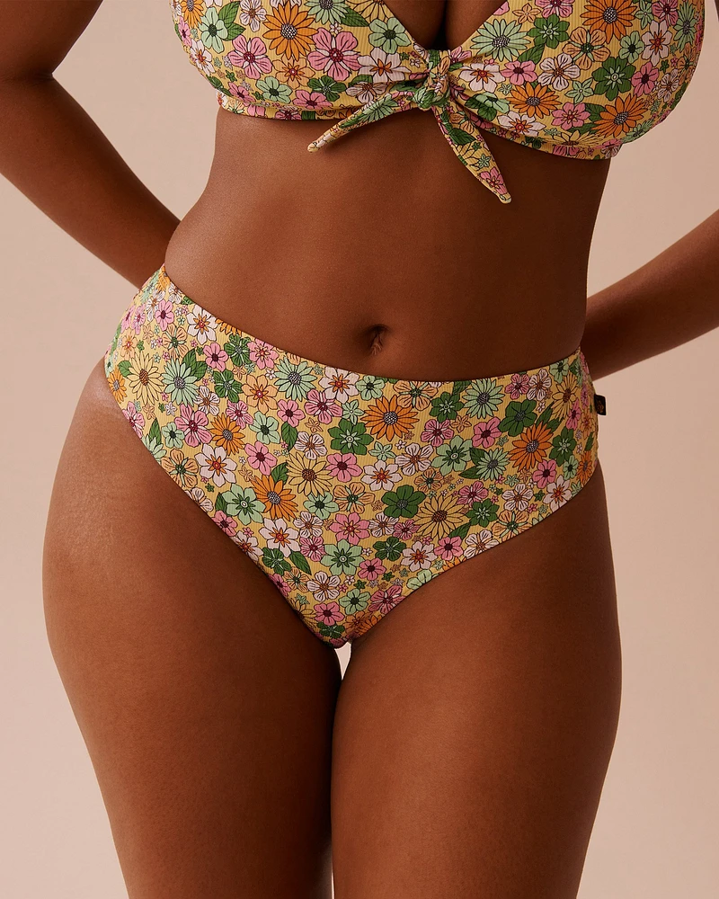 Bas de bikini cheeky taille mi-haute côtelé FLOWER POWER