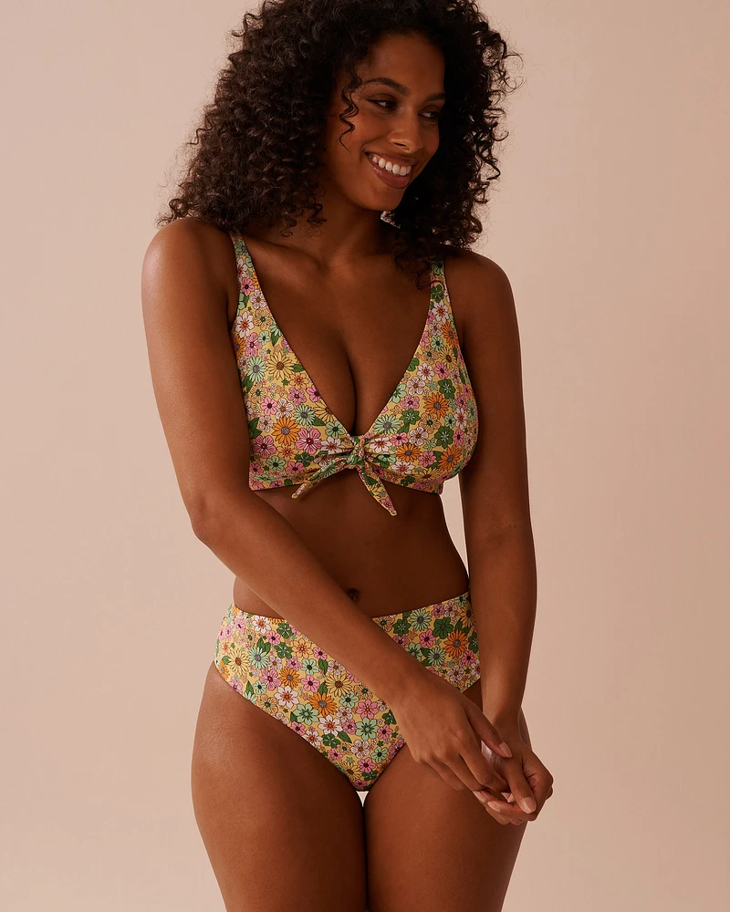 Bas de bikini cheeky taille mi-haute côtelé FLOWER POWER