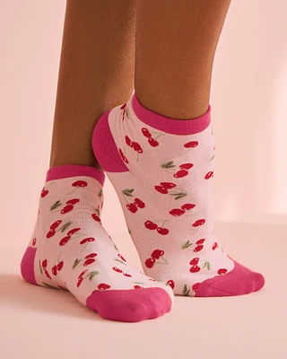 Bas finement côtelé motif cerise