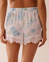 Short en satin et dentelle imprimé roses bleues