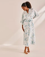 Kimono long en satin imprimé roses bleues