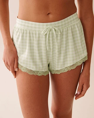 Gingham Print Lace Trim Super Soft Pajama Shorts