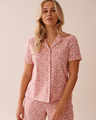 Ditsy Floral Print Ribbed Short Sleeve Button-down Shirt