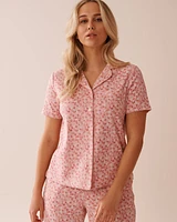 Ditsy Floral Print Ribbed Short Sleeve Button-down Shirt
