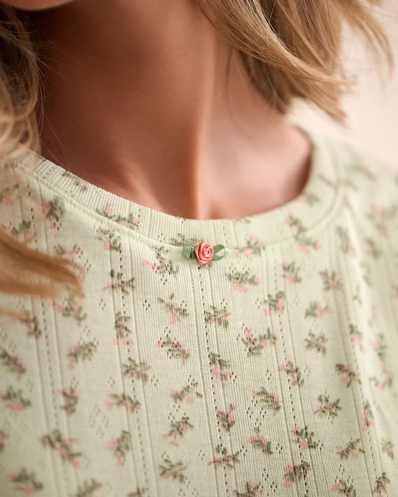 Ditsy Floral Print Lettuce Edge Pointelle T-shirt