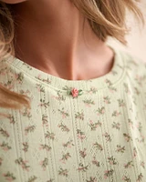 Ditsy Floral Print Lettuce Edge Pointelle T-shirt