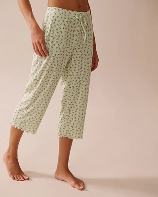 Ditsy Floral Print Lettuce Edge Pointelle Pajama Capris