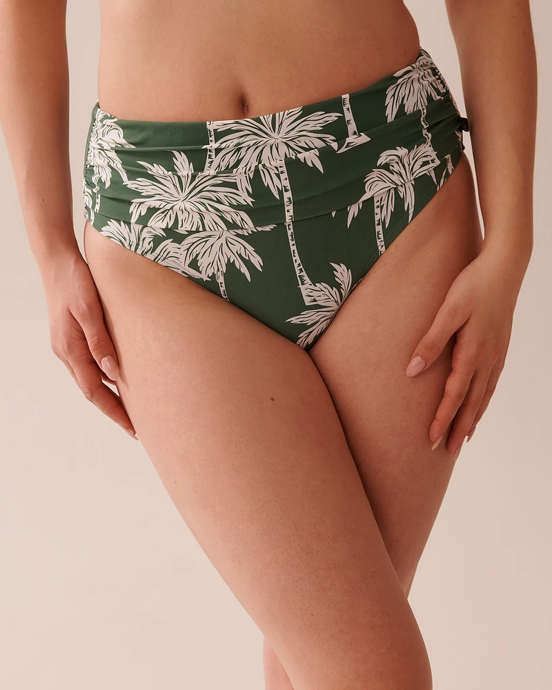 Bas de bikini taille mi-haute drapée KHAKI PALM
