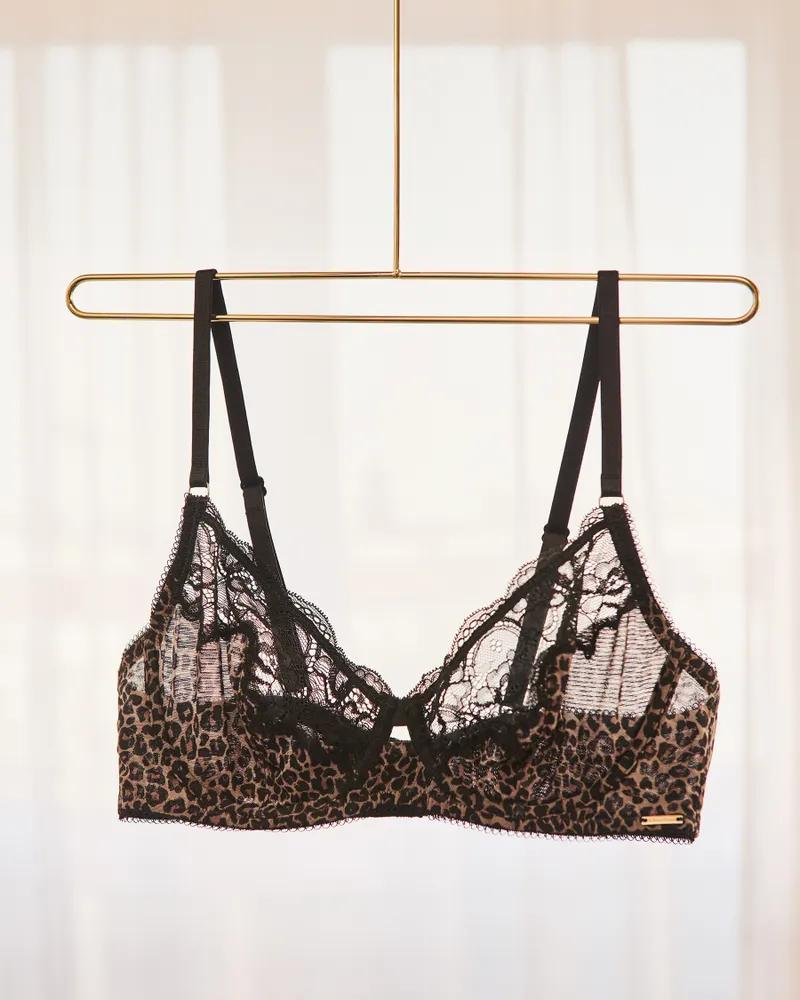 Leopard Print Unlined Lace and Mesh Bra