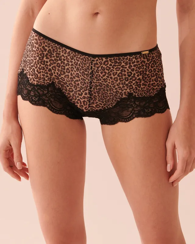 La Vie en Rose Leopard Print Lace and Mesh Boyleg Panty