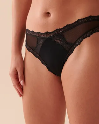 Mesh and Lace Trim Thong Panty